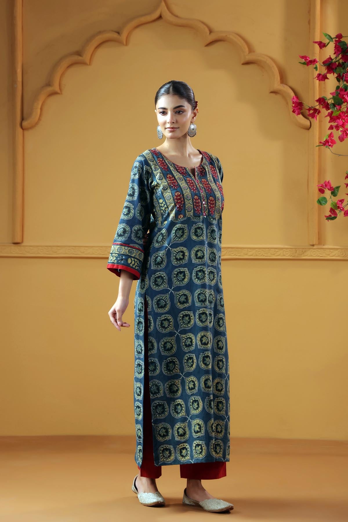 Blue-Green Ajrakh Straight Kurta