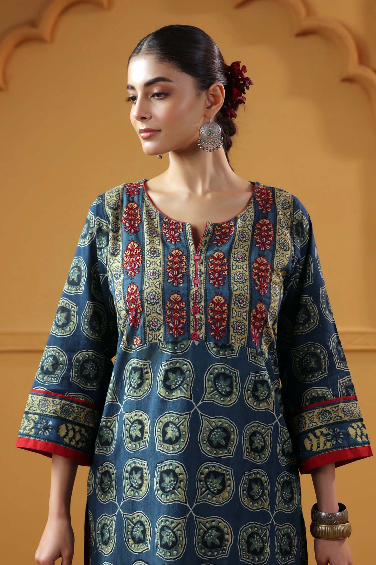 Blue-Green Ajrakh Straight Kurta