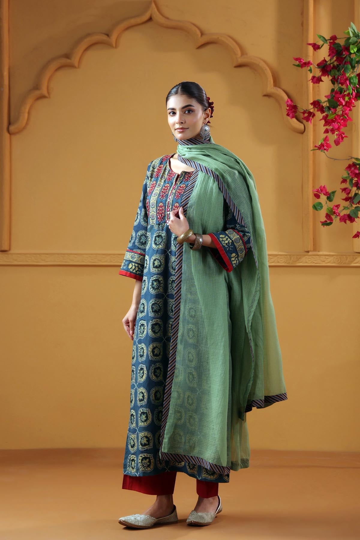 Blue-Green Ajrakh Straight Kurta