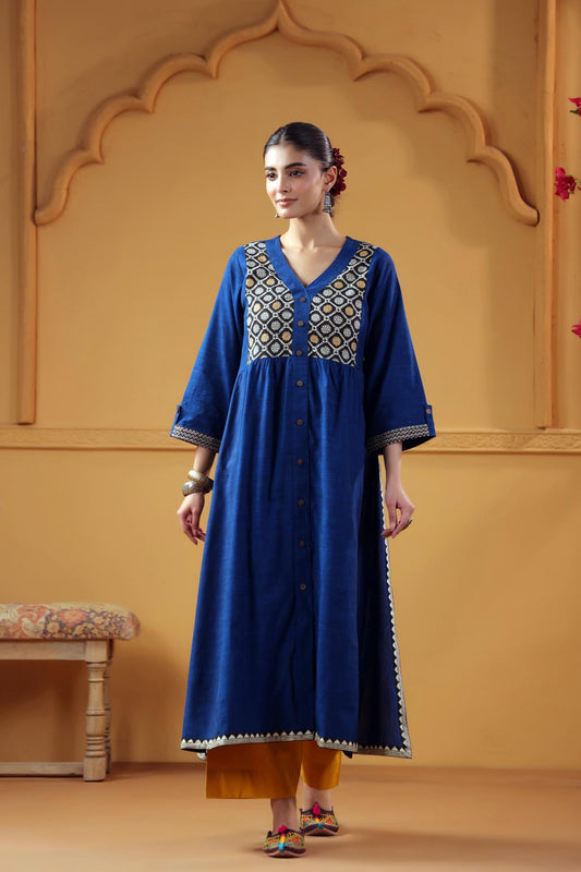 Navy Blue A-Line kurta In Handloom Cotton