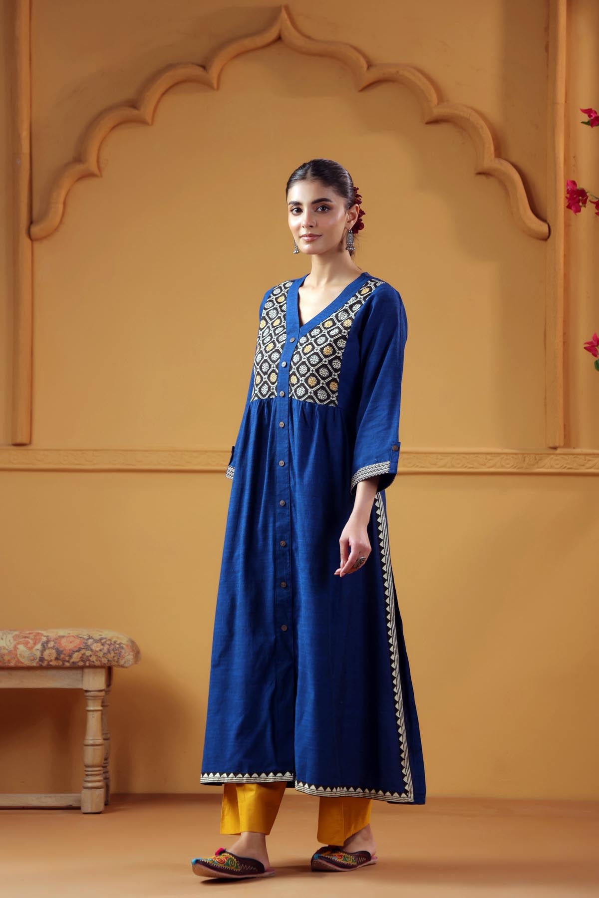 Navy Blue A-Line kurta In Handloom Cotton