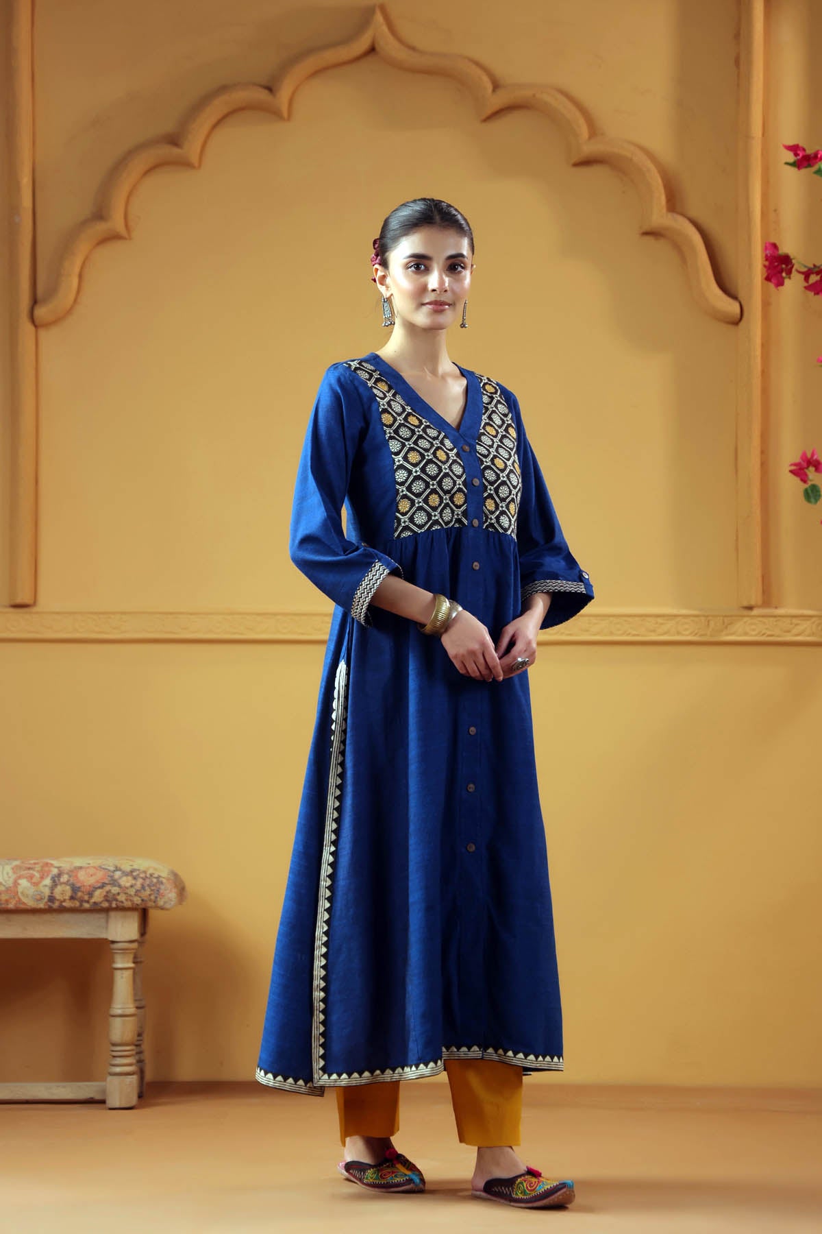 Navy Blue A-Line kurta In Handloom Cotton