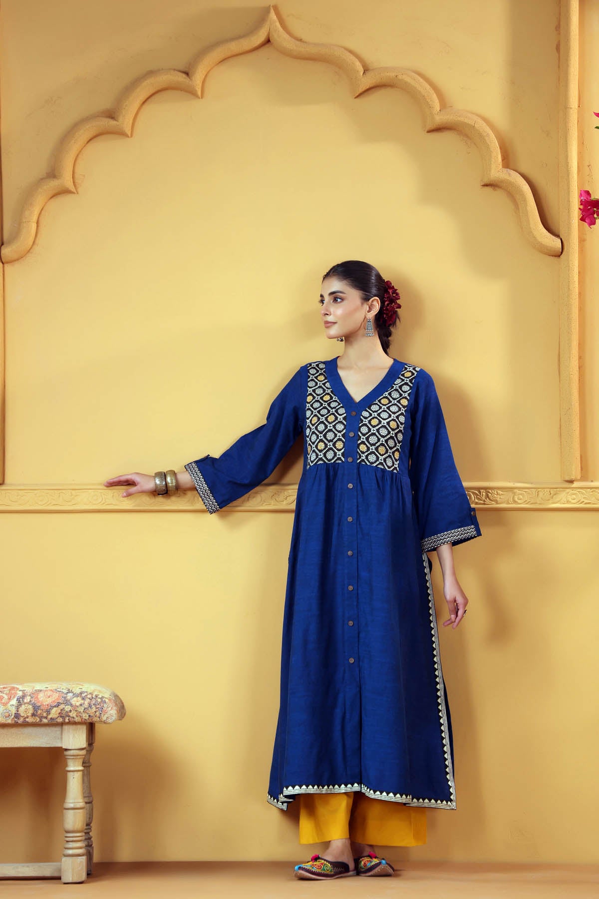Navy Blue A-Line kurta In Handloom Cotton