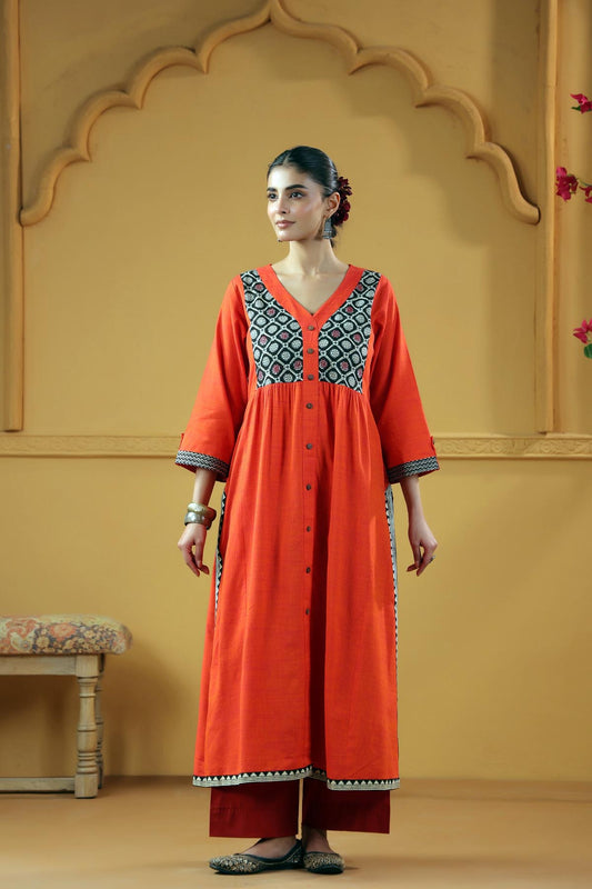 Deep Orange A-Line Kurta In Handloom Cotton