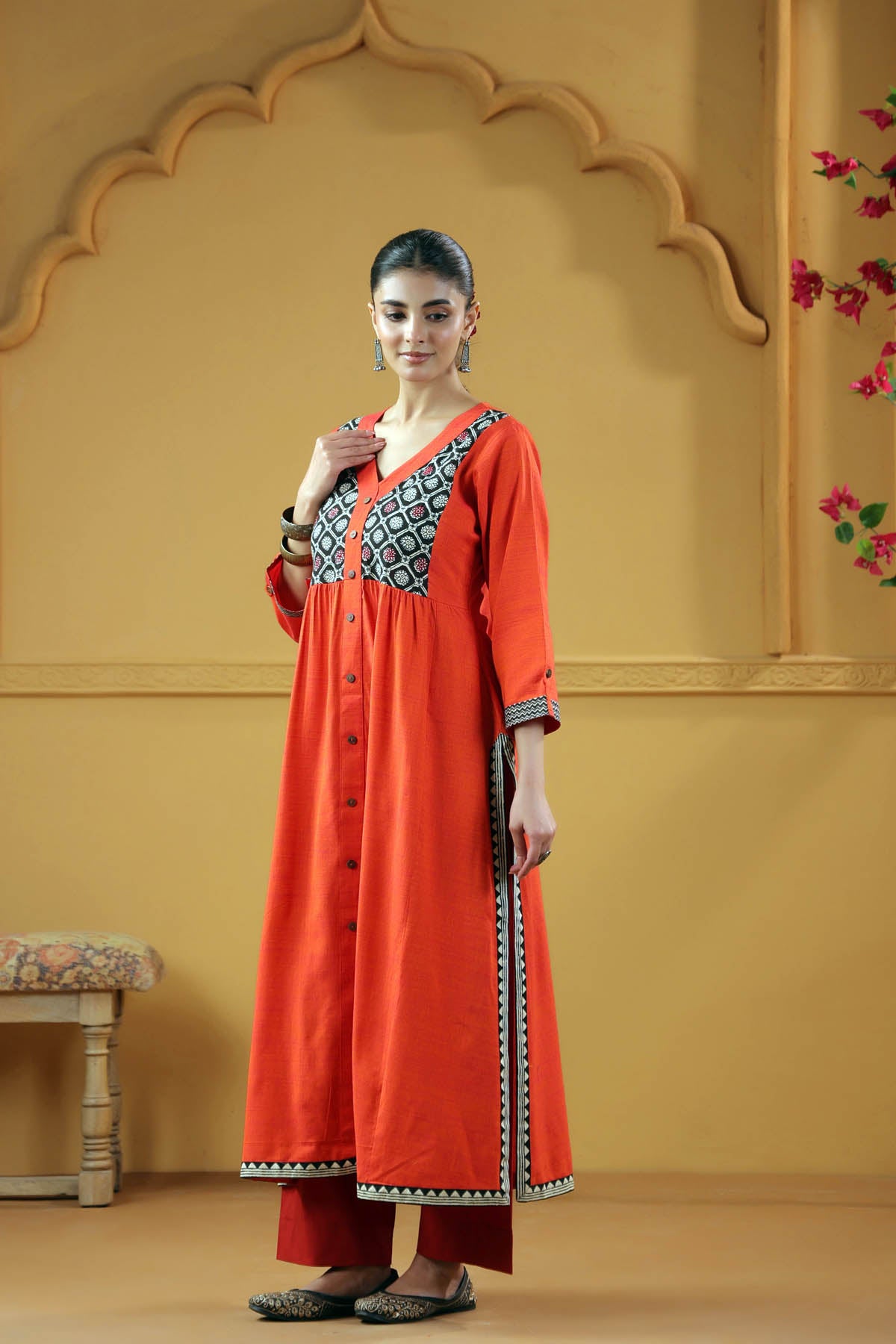 Deep Orange A-Line Kurta In Handloom Cotton