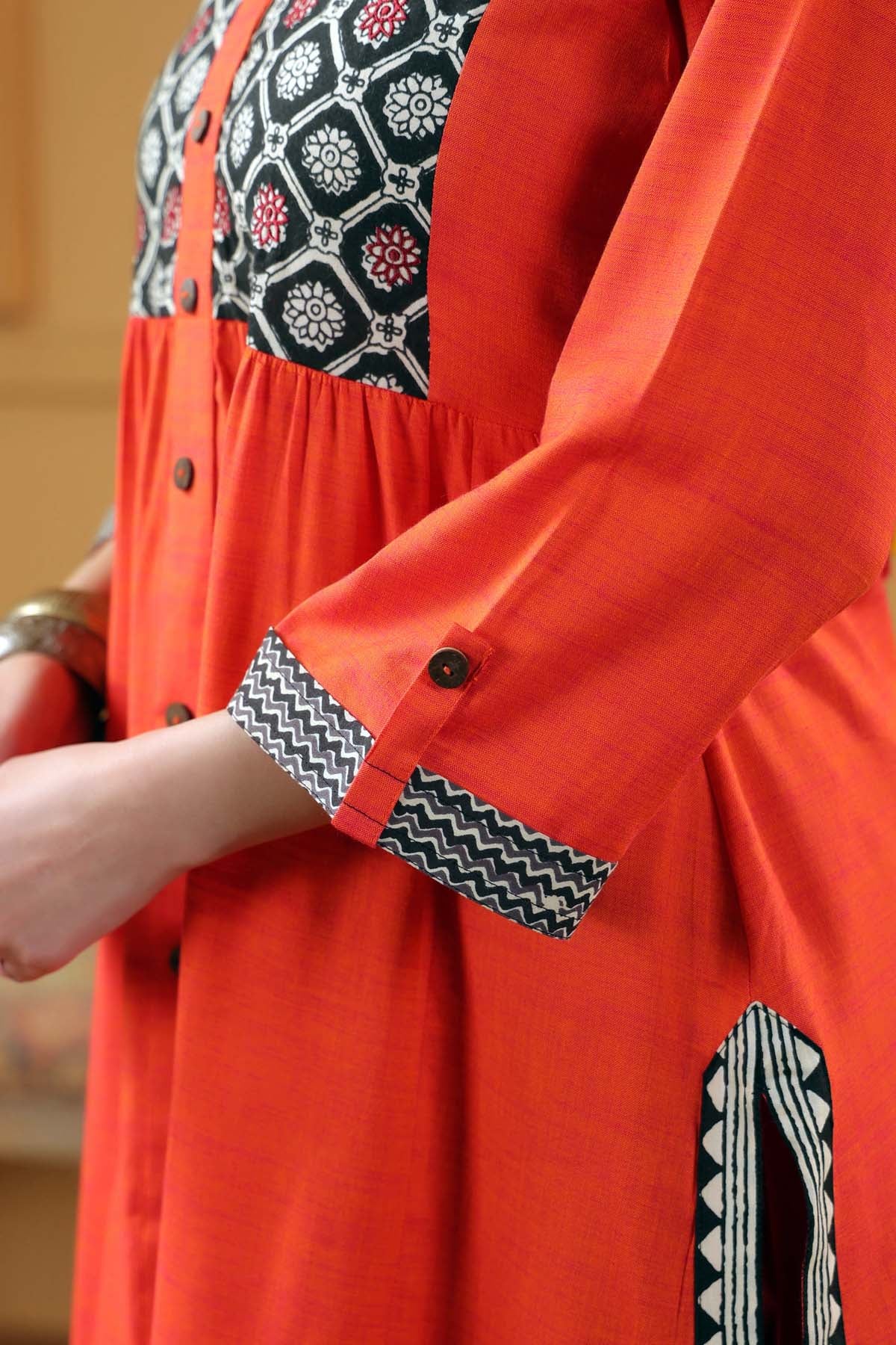 Deep Orange A-Line Kurta In Handloom Cotton