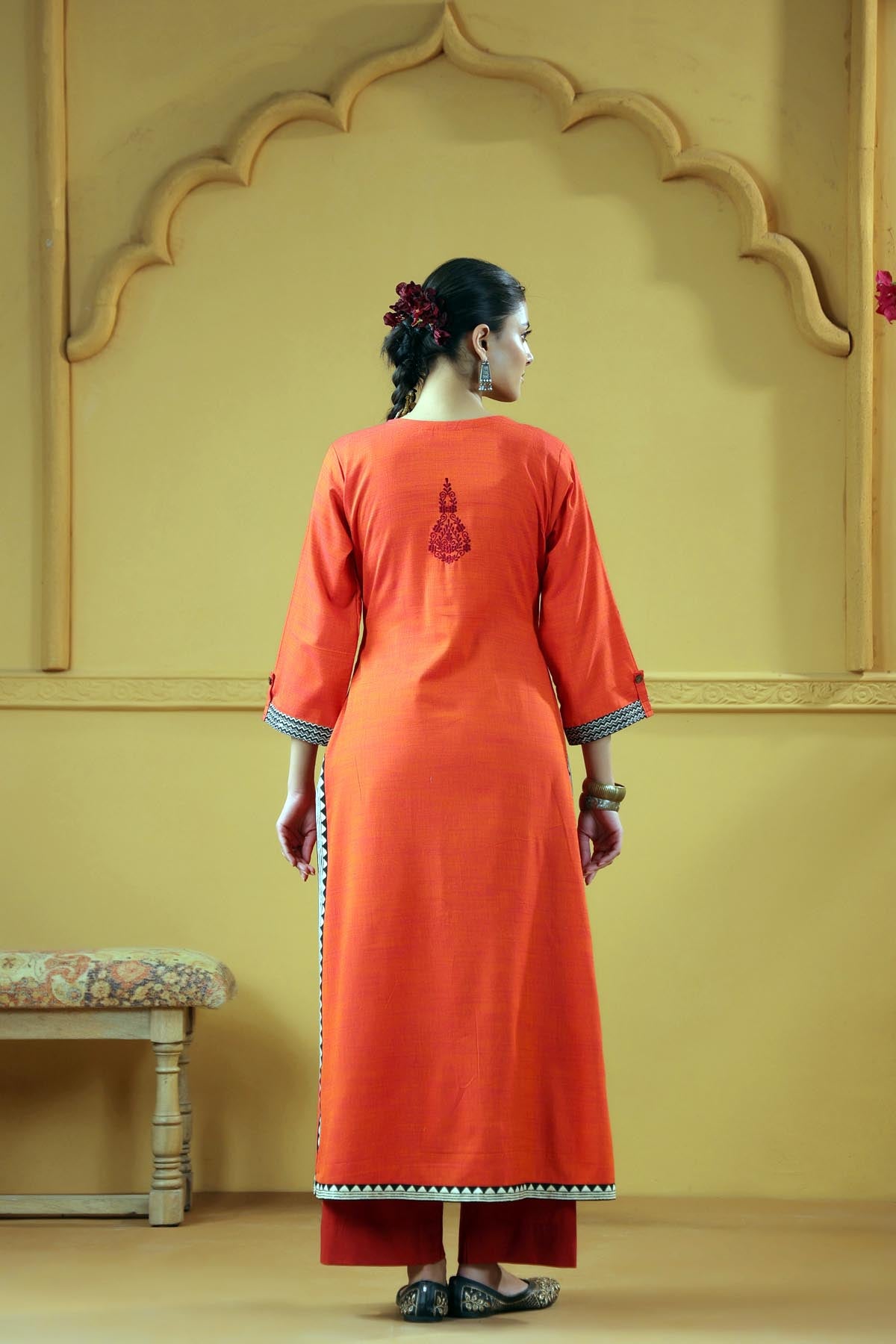 Deep Orange A-Line Kurta In Handloom Cotton