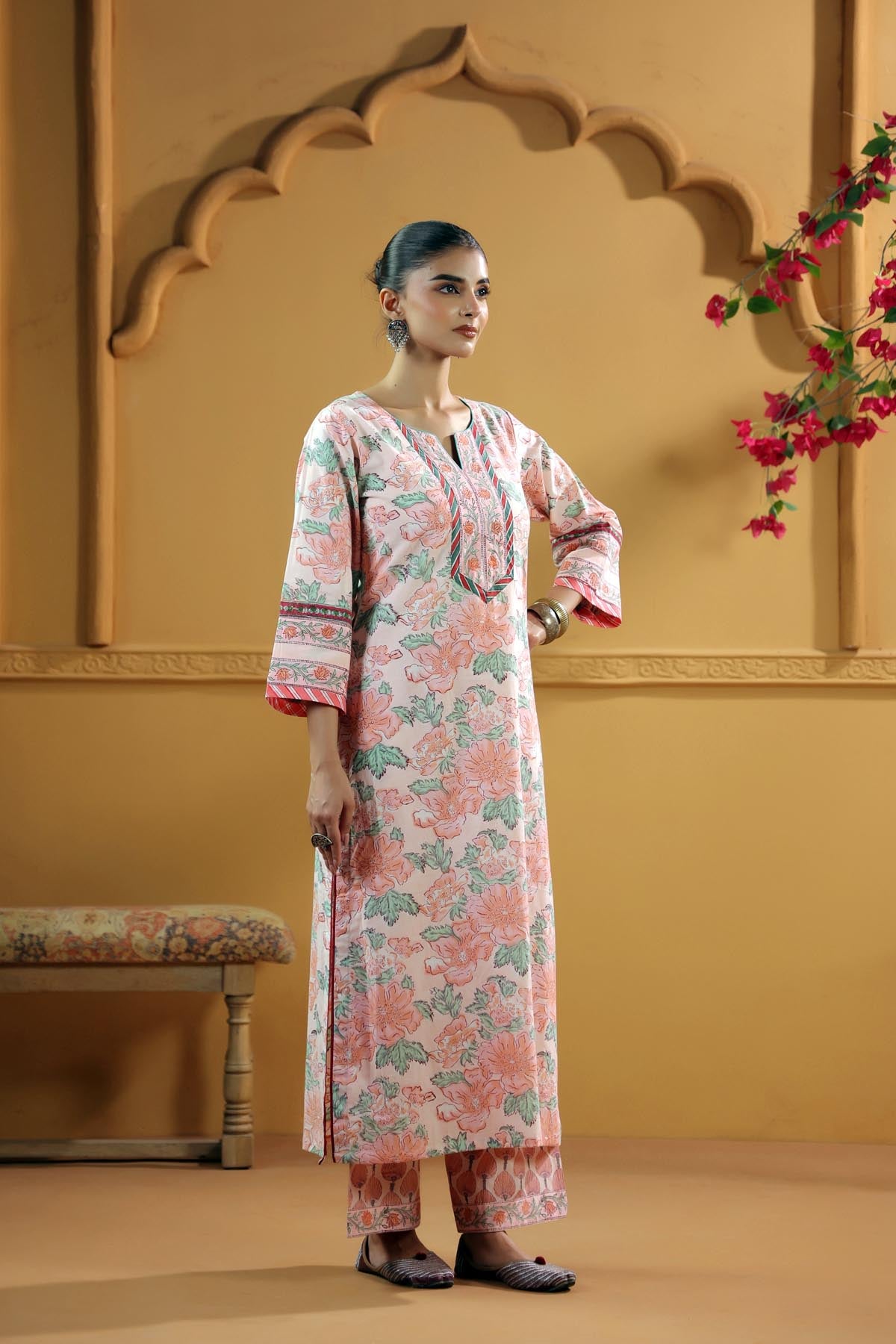 Peach Hand Block Printed Straight Fit Kurta
