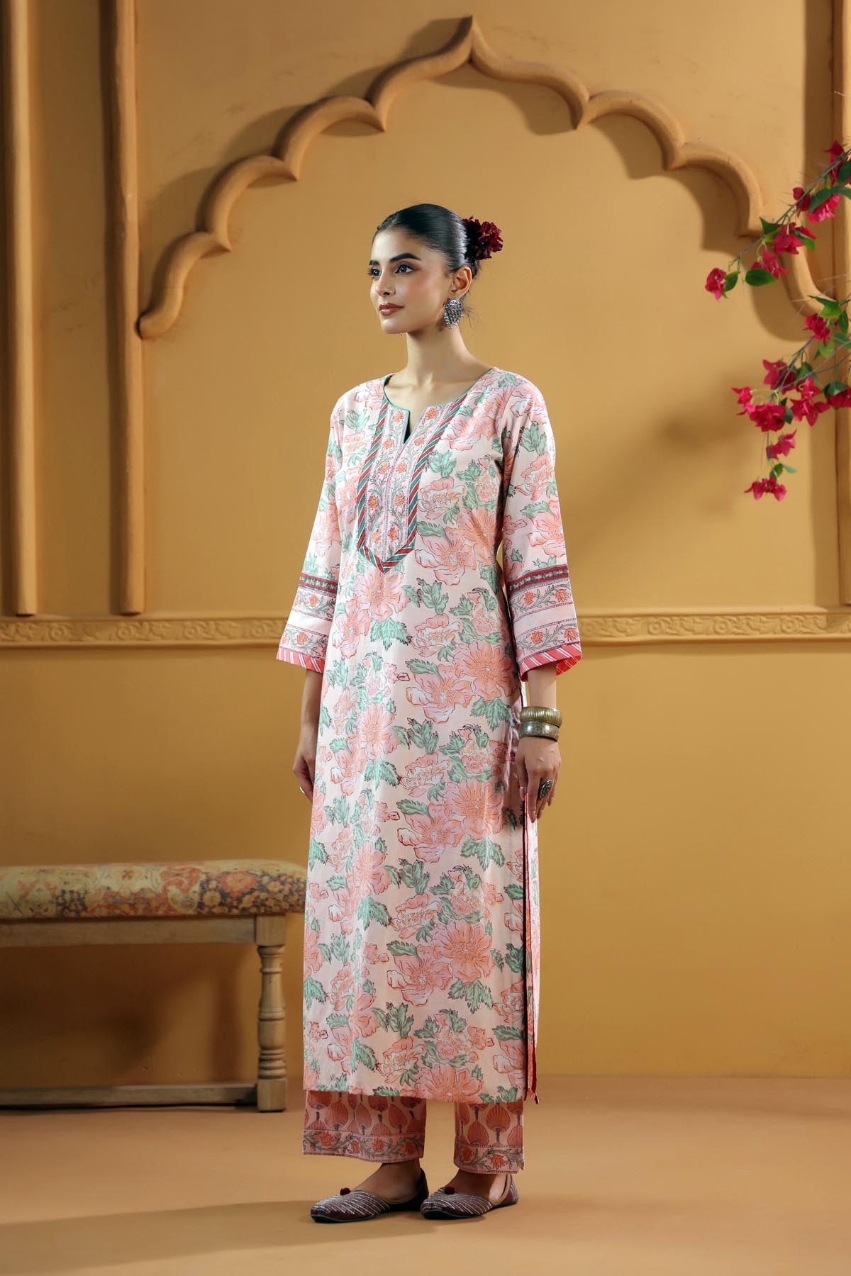 Peach Hand Block Printed Straight Fit Kurta