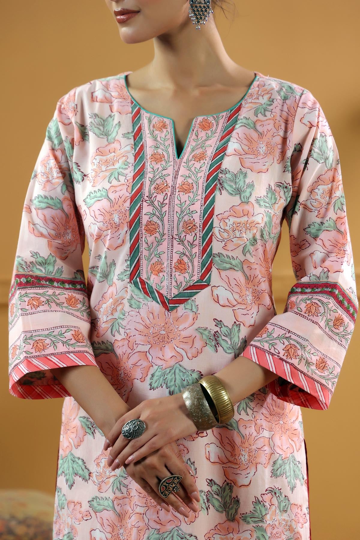 Peach Hand Block Printed Straight Fit Kurta