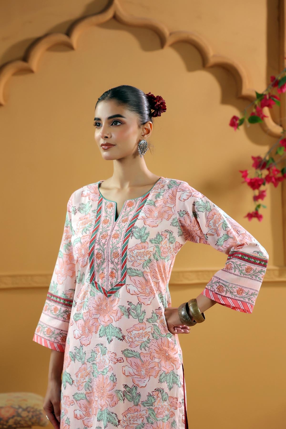 Peach Hand Block Printed Straight Fit Kurta