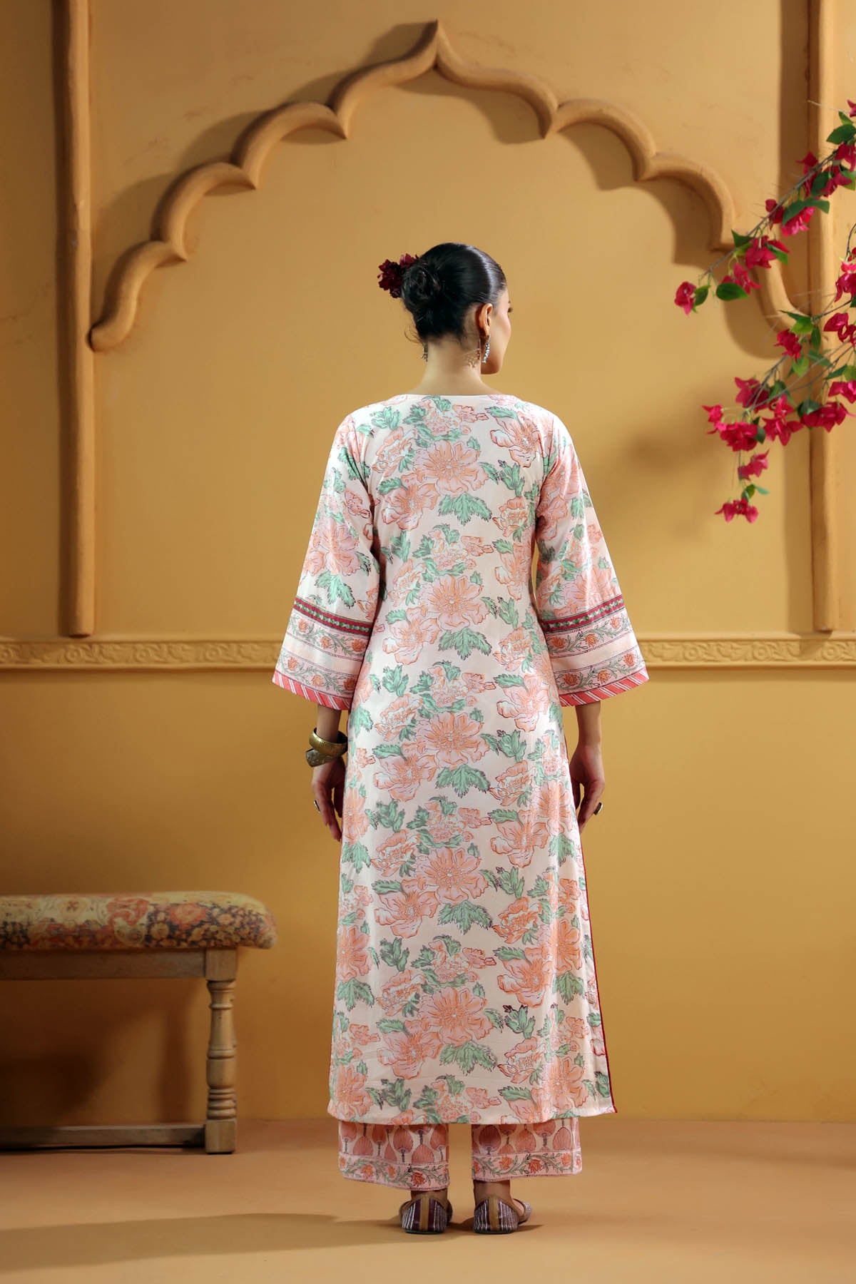 Peach Hand Block Printed Straight Fit Kurta