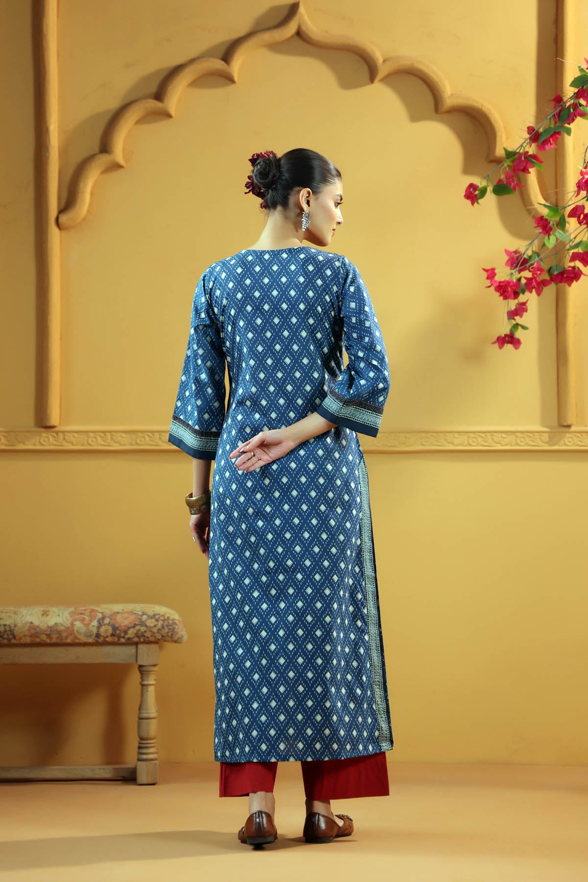 Navy Blue Straight Fit Cotton Kurta