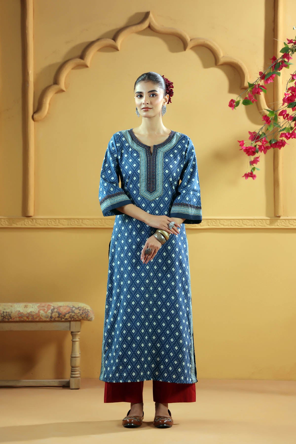 Navy Blue Straight Fit Cotton Kurta