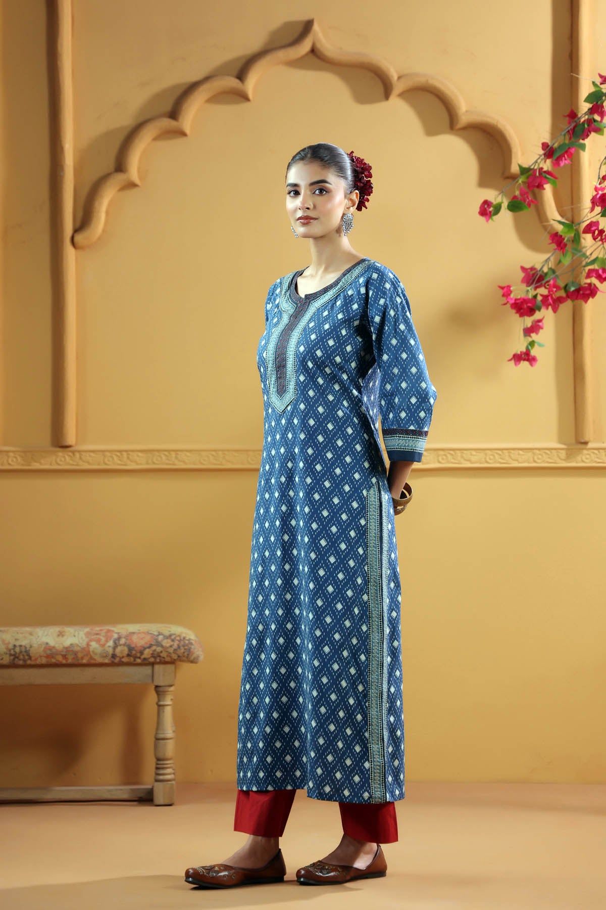 Navy Blue Straight Fit Cotton Kurta