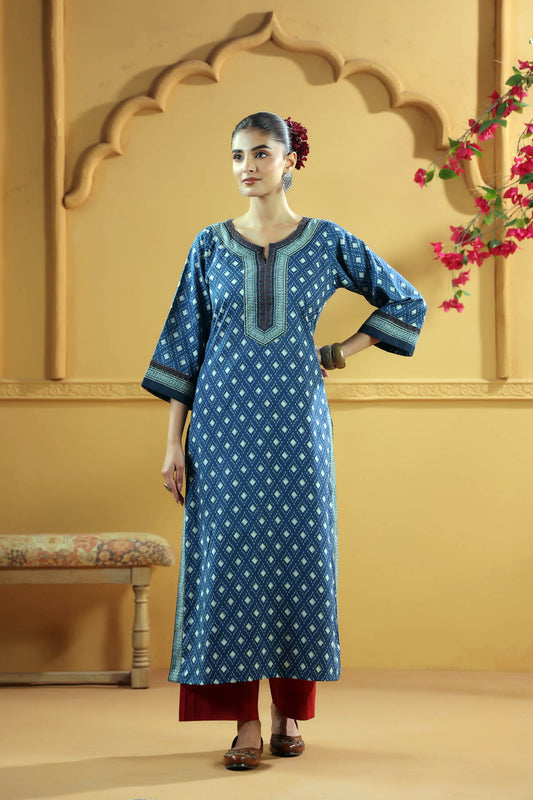 Navy Blue Straight Fit Cotton Kurta