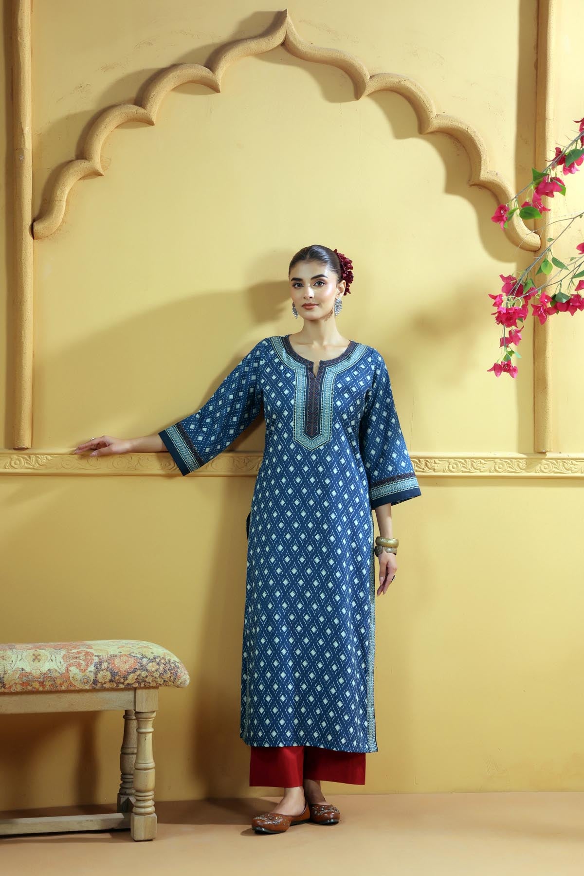 Navy Blue Straight Fit Cotton Kurta