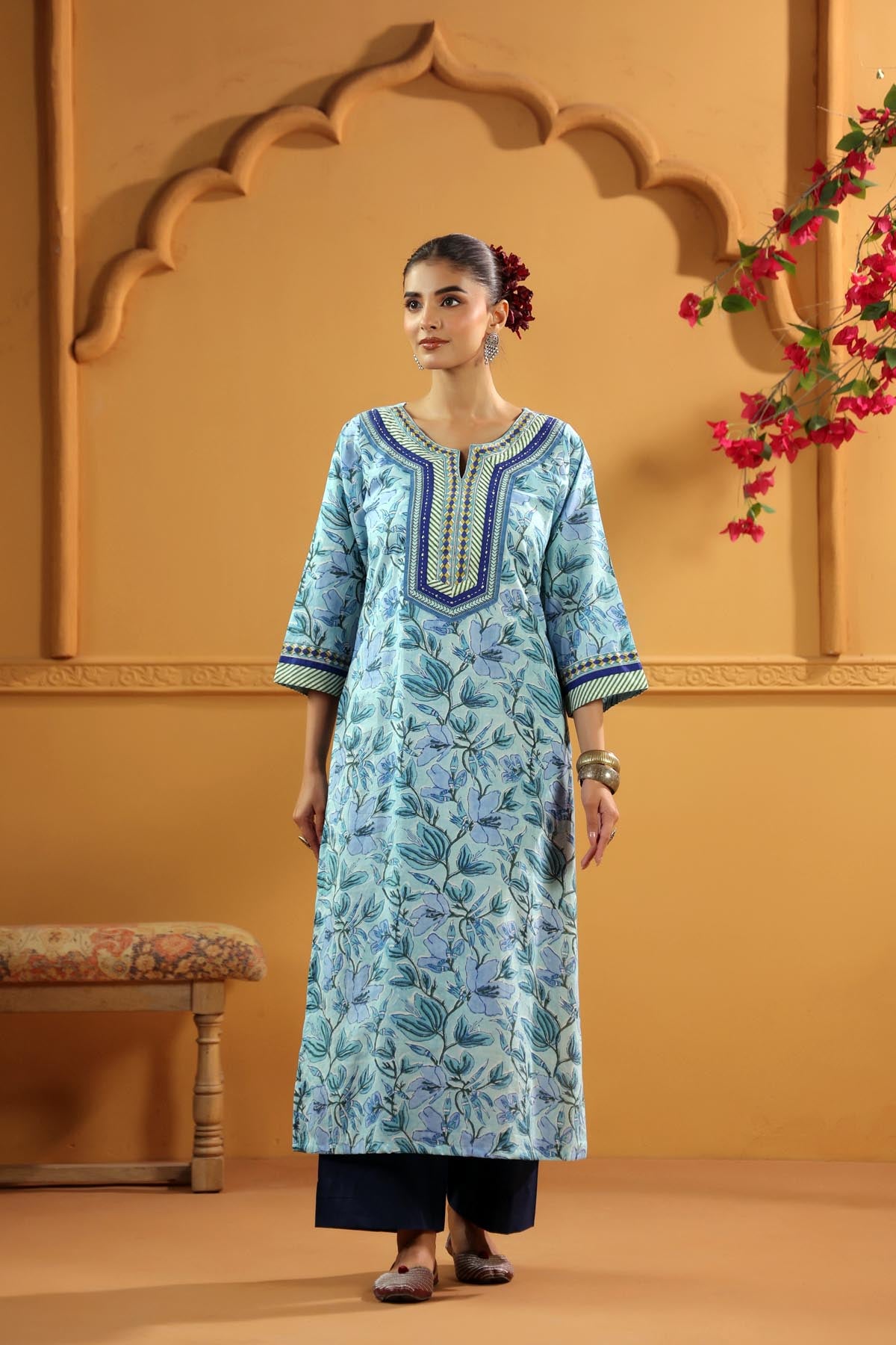 Aqua Blue Handblock Printed Kurta