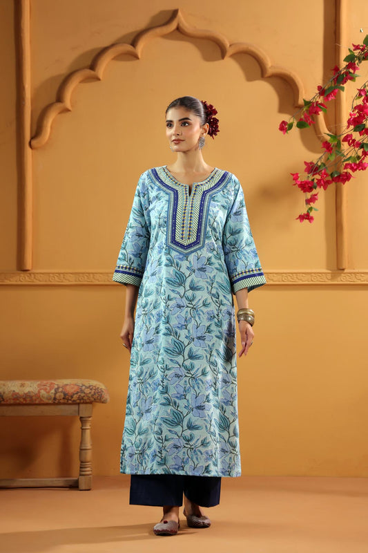 Aqua Blue Handblock Printed Kurta
