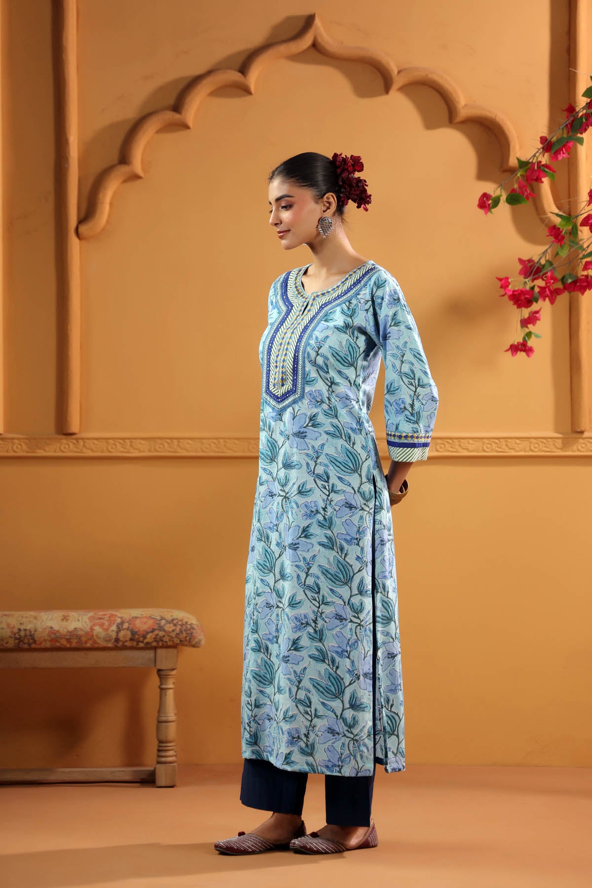 Aqua Blue Handblock Printed Kurta