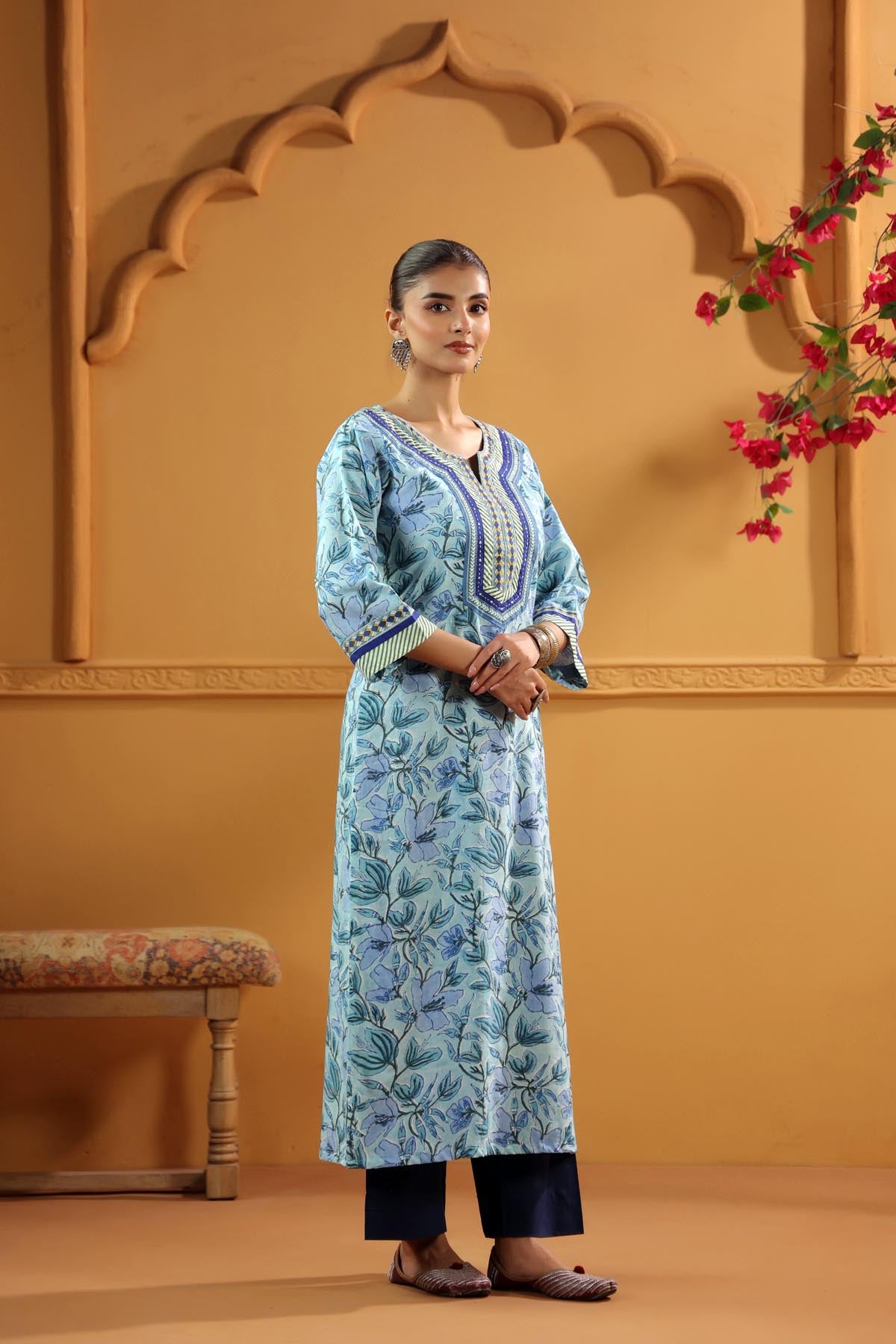 Aqua Blue Handblock Printed Kurta