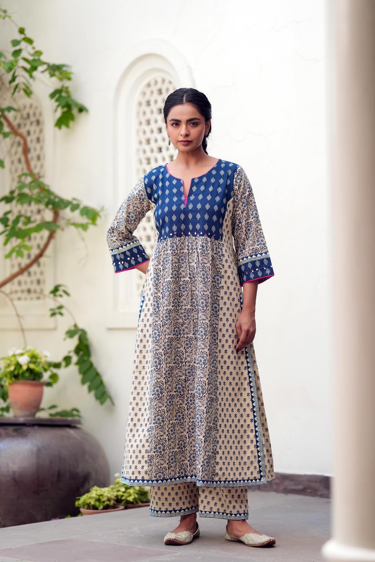 Blue & Beige Cotton A-line Kurta
