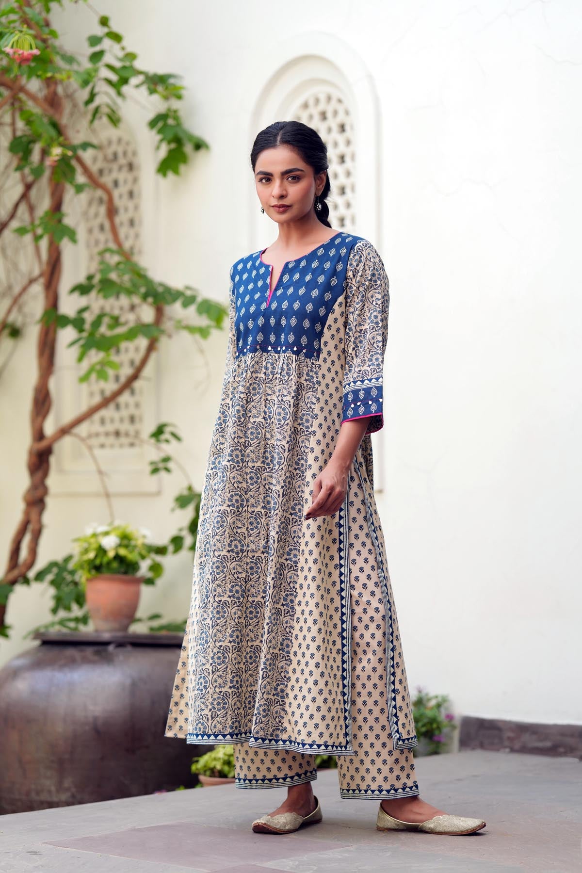 Blue & Beige Cotton A-line Kurta