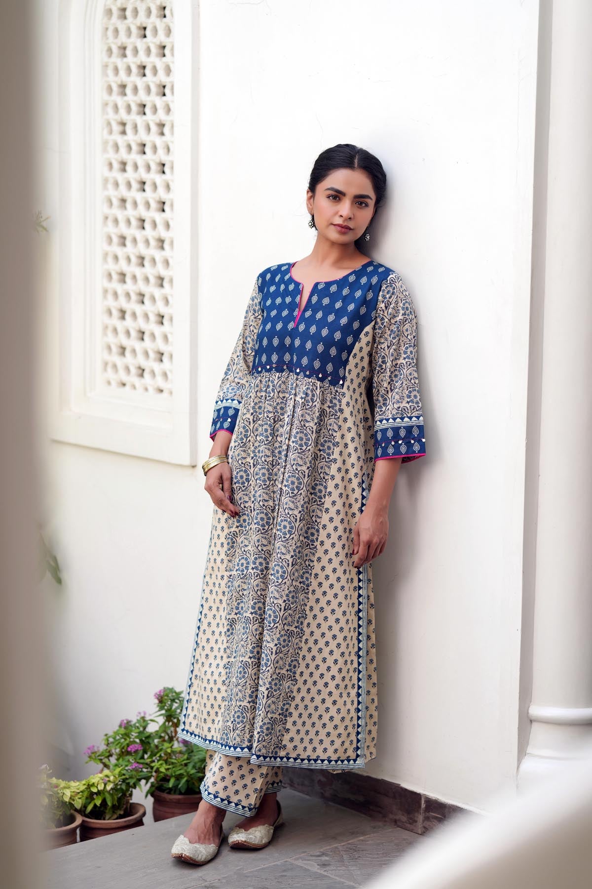 Blue & Beige Cotton A-line Kurta