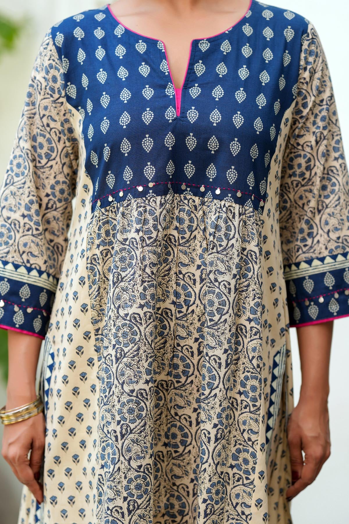 Blue & Beige Cotton A-line Kurta