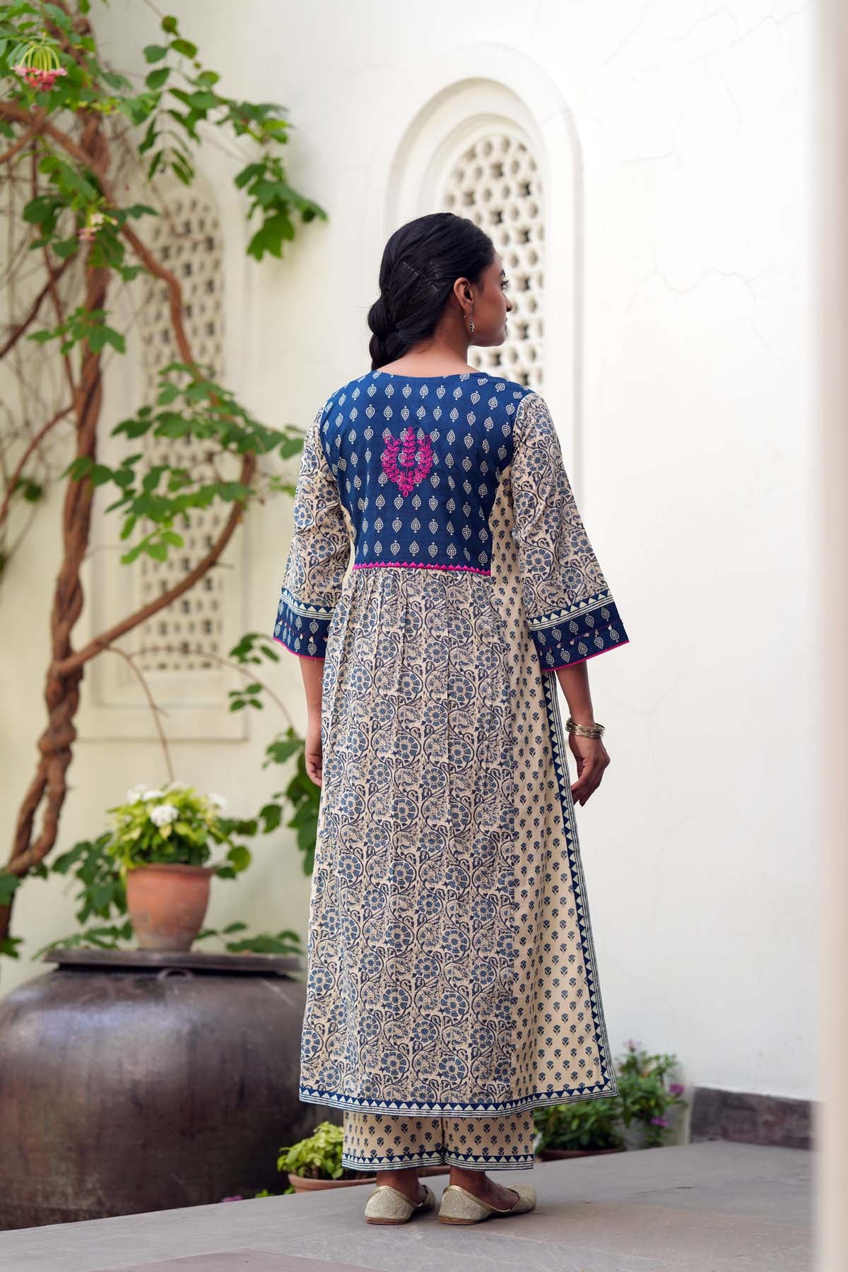 Blue & Beige Cotton A-line Kurta
