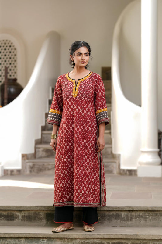 Maroon Straight Fit Cotton Kurta