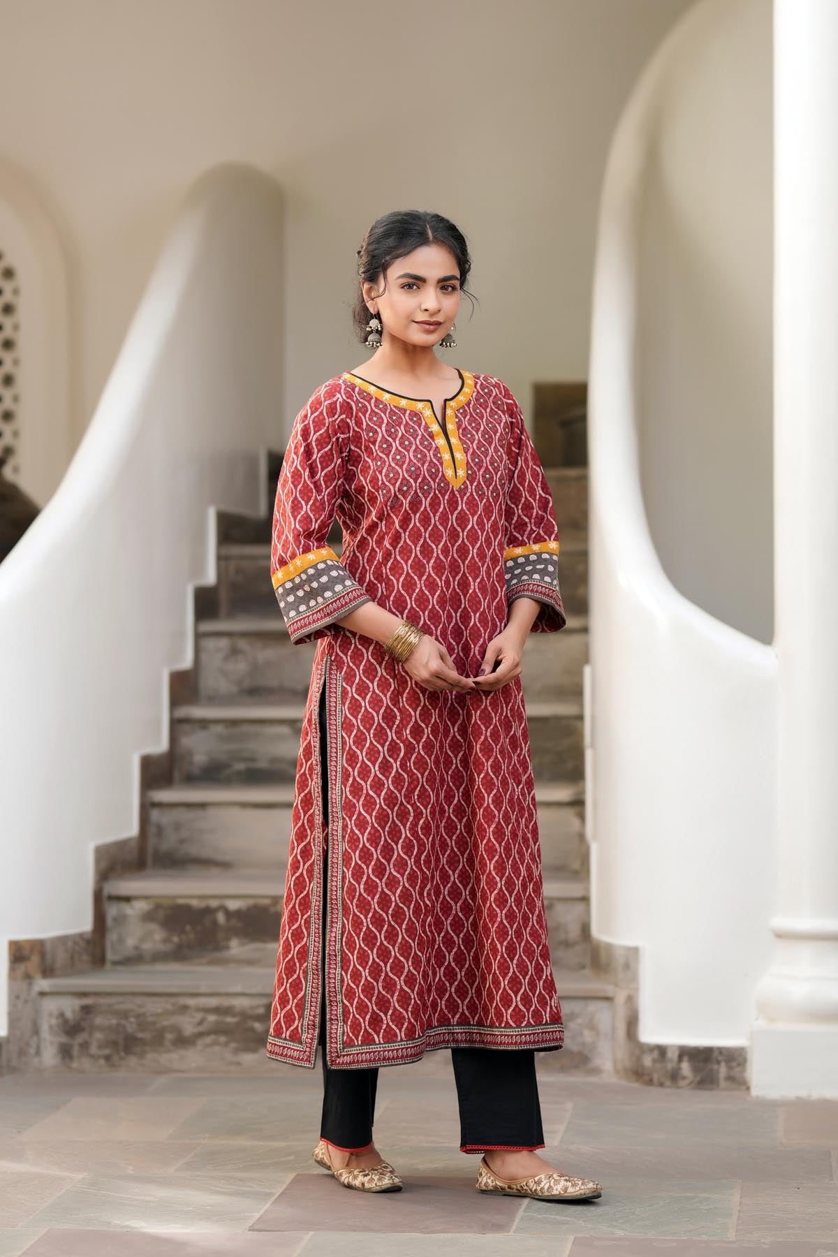 Maroon Straight Fit Cotton Kurta
