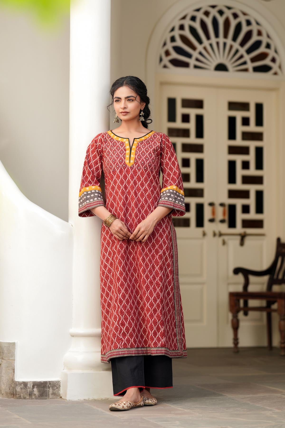 Maroon Straight Fit Cotton Kurta