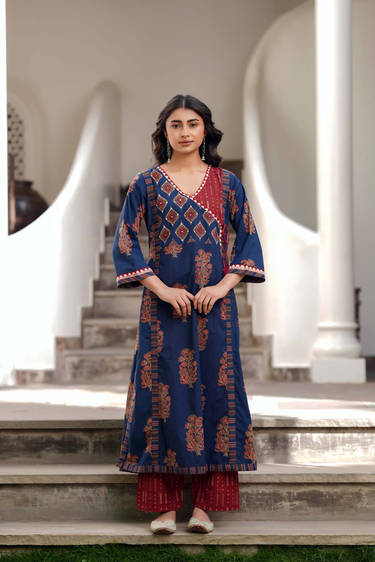 Blue Angrakha Pomcha Jaipur Sunhari Powder Blue Pure Cotton Angrakha Kurta Suit Set Kurta Suit Set With Pure Cotton Skirt And Soft Net Dupatta Indian Wear