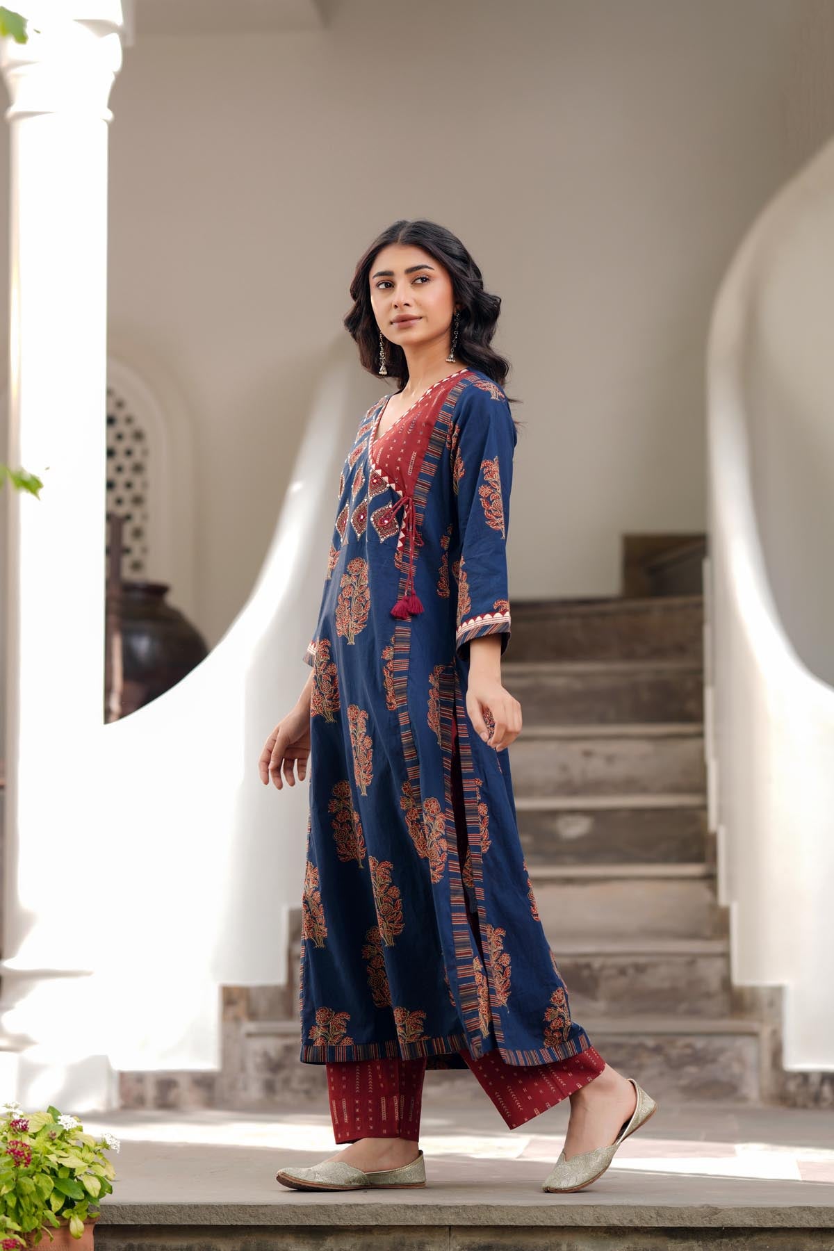 Navy Blue Cotton Angrakha A-line Kurta