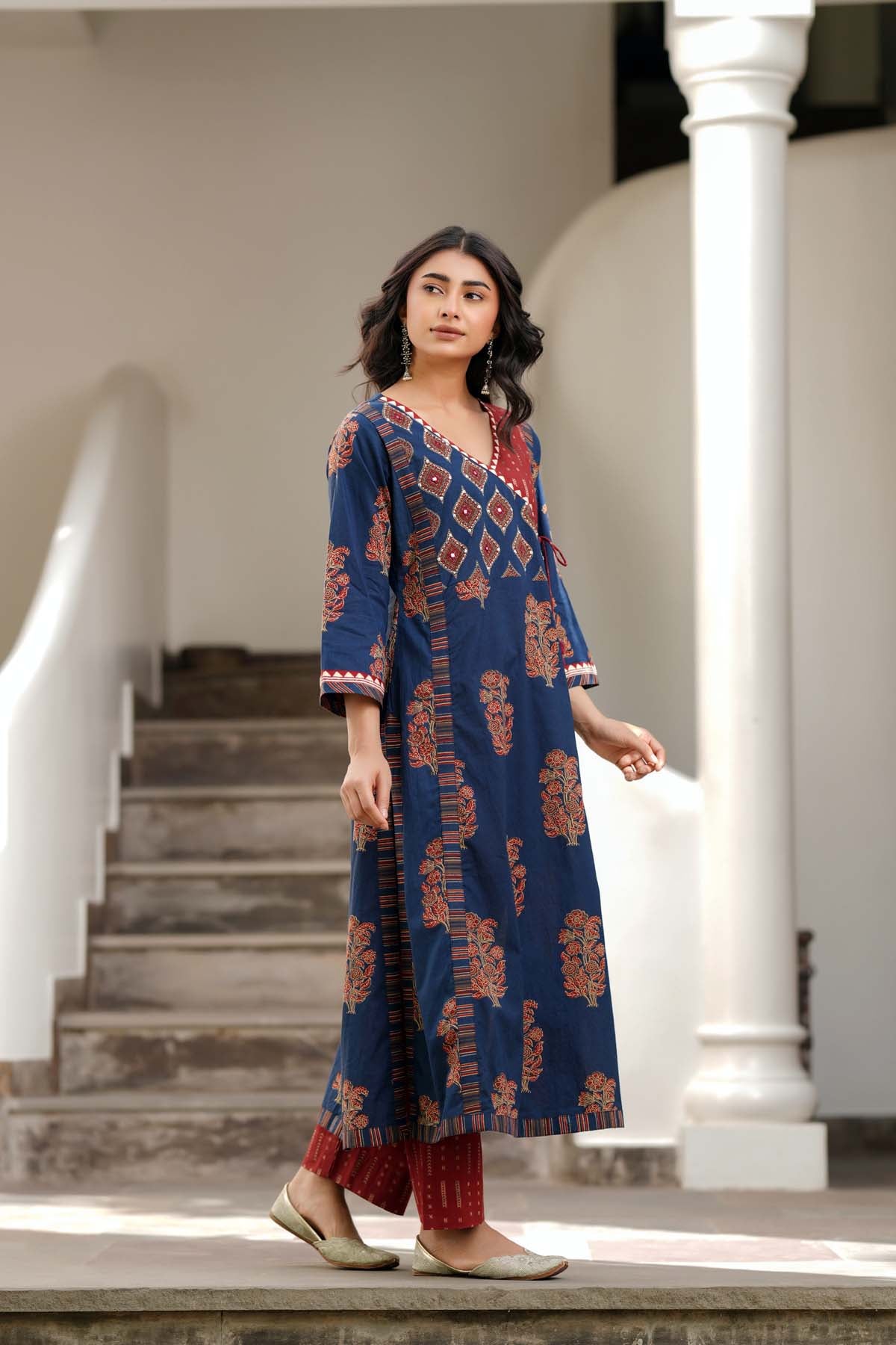 Navy Blue Cotton Angrakha A-line Kurta