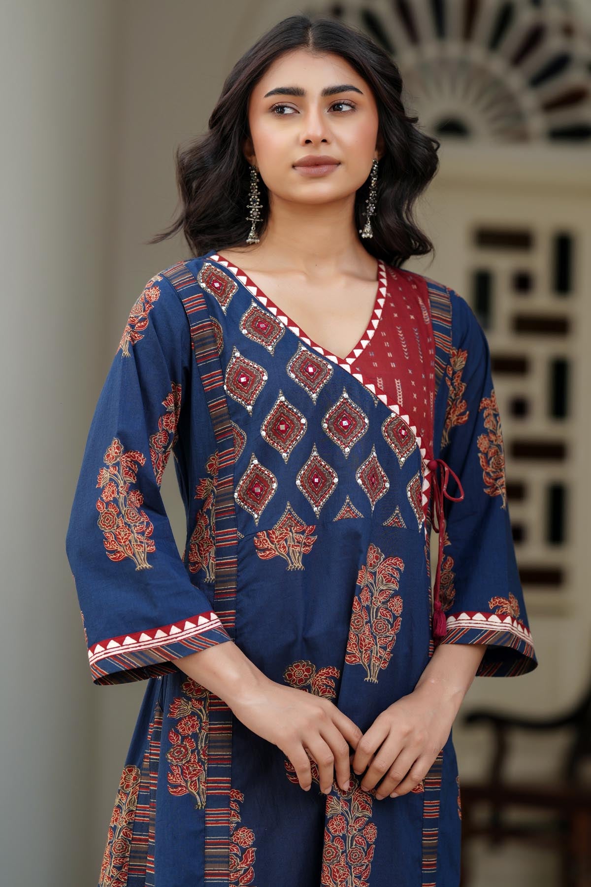 Navy Blue Cotton Angrakha A-line Kurta