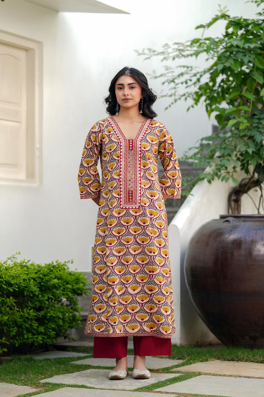 Beige Handblock Cotton Kurta