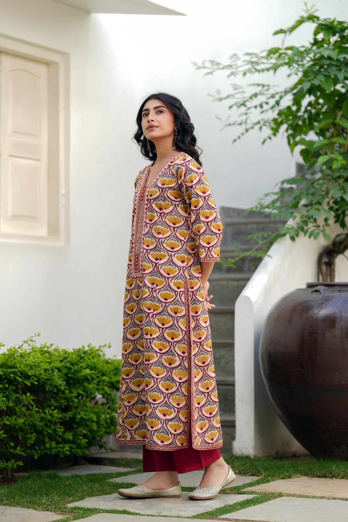 Beige Handblock Cotton Kurta
