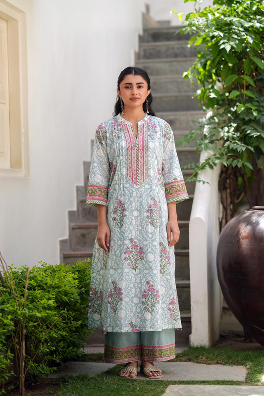 Sea Green Handblock Cotton Kurta