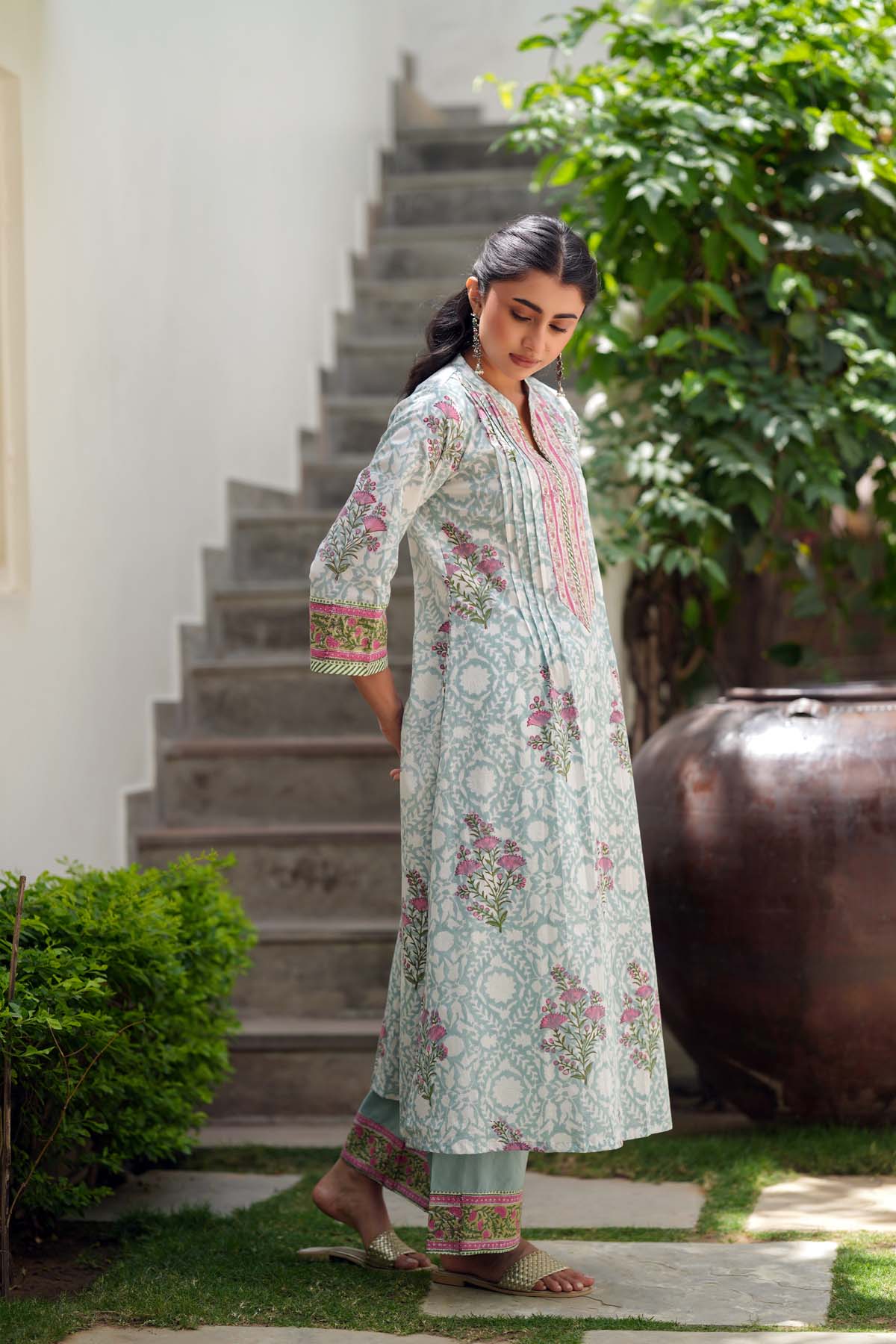 Sea Green Handblock Cotton Kurta
