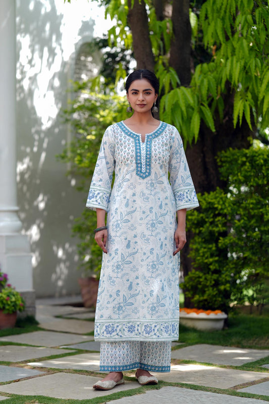 White Handblock Printed Cotton Kurta