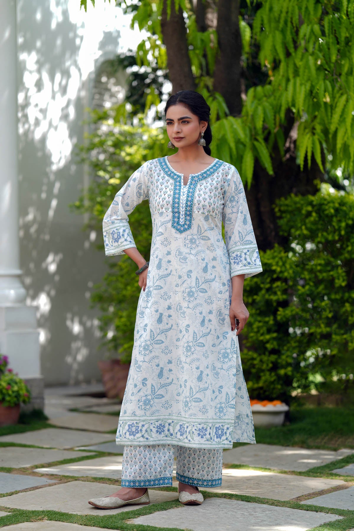 White Handblock Printed Cotton Kurta