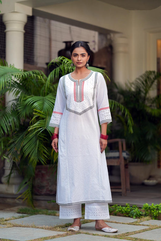 Straight Fit White Cotton Kantha Kurta