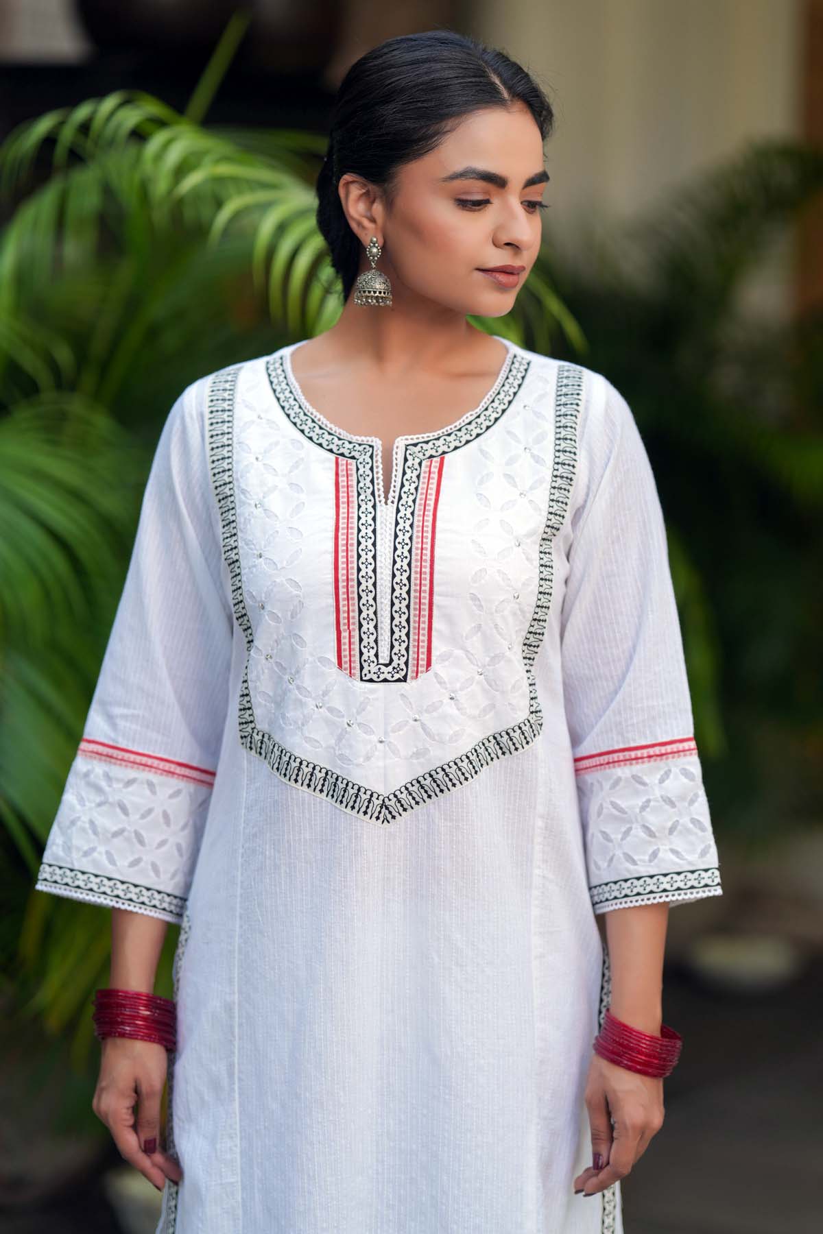 Straight Fit White Cotton Kantha Kurta