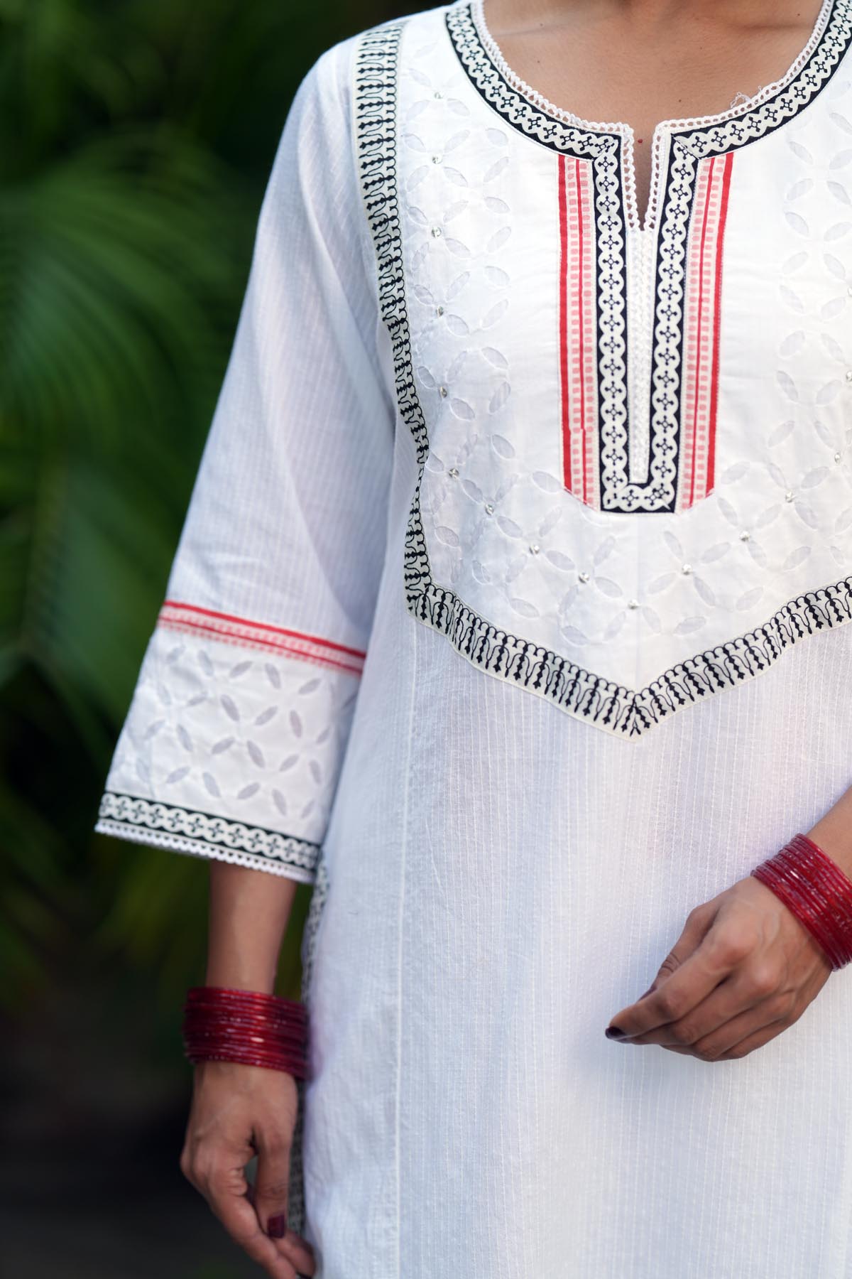 Straight Fit White Cotton Kantha Kurta