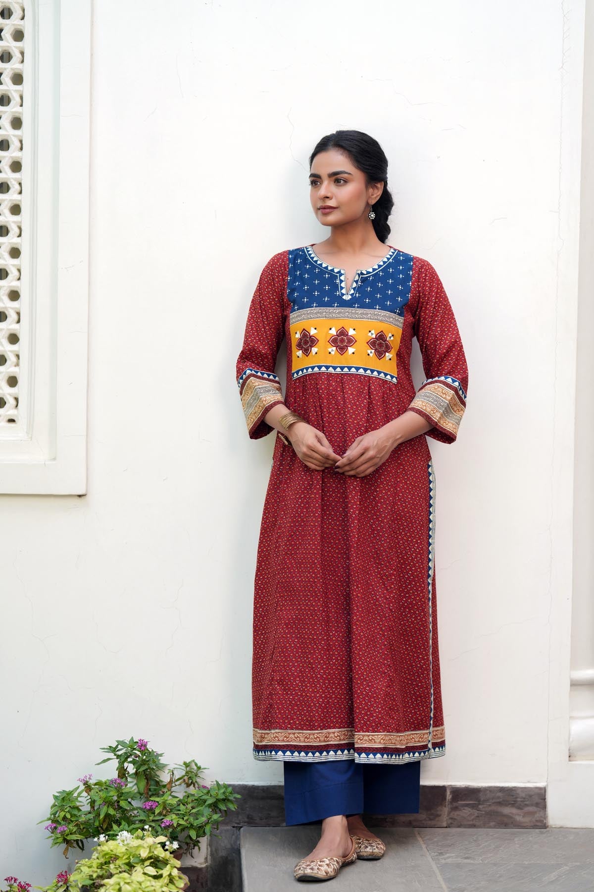 Maroon Cotton A-line Kurta