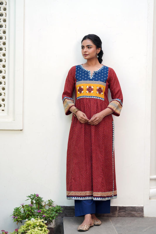 Maroon Cotton A-line Kurta