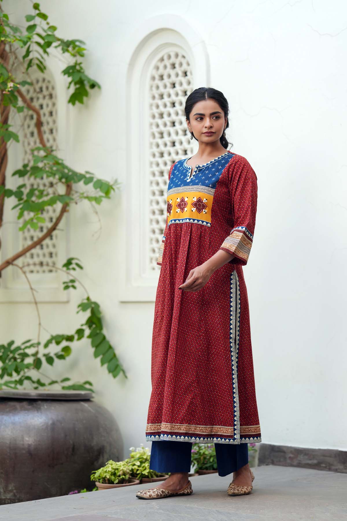 Maroon Cotton A-line Kurta