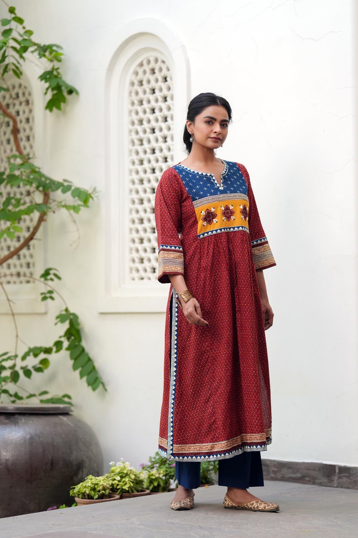 Maroon Cotton A-line Kurta